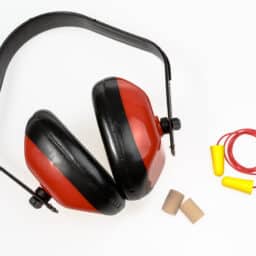 protective ear devices including earmuffs and earplugs on a white background